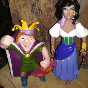 DISNEY HUNCHBACK Quasimodo and Esmeralda Applause Hard Vinyl Dolls, Figurines, 1990s Vintage New with Original Tags, 8-10&quot; Tall, NM-M