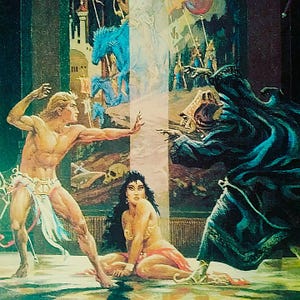 Puede incluir: Ilustración de una escena fantástica con un hombre musculoso en taparrabos frente a una figura con túnica. Una mujer con top dorado y falda roja está sentada. El fondo muestra un castillo, figuras, un caballo azul y un globo rojo.