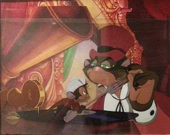 FIEVEL GOES WEST: American Tail, 1991 Key Matching Production Background Setup of Fievel and Cat R. Waul, 21.5x18&quot; Framed, New, Mint