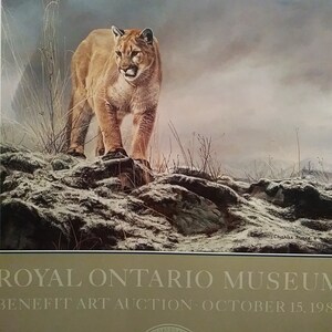 May include: A brown and tan cougar stands on a rocky, snowy mountaintop. The cougar is looking to the right of the image. The background is a hazy, grey sky. The image is titled "Royal Ontario Museum Benefit Art Auction - October 15, 1988".
