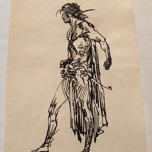 May include: A black ink sketch depicting a figure in a dynamic pose, possibly a warrior or dancer, with a flowing garment and head covering. The artwork is on aged paper, suggesting a vintage piece.