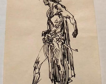 Roy G. Krenkel Pen & Ink Drawing of a Standing Warrior. One-Of-A-Kind 1960s/70s Vintage New 2x3,2" Illustration, Nearly Pristine Mint