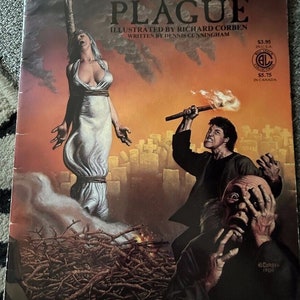 May include: A comic book cover with a dark, ominous illustration. The cover features a woman hanging from a tree, a man with a torch, and a man covering his face in fear. The title of the comic is "Tales from the Plague".