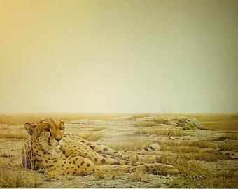 ROBERT BATEMAN &quot;Cheetah Siesta&quot;, Signed and Numbered (#203) Original 1976 Vintage New 32x25&quot; Limited Edition with Original Tryon Receipt