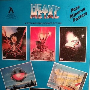 HEAVY METAL Pace Minerva Header, with 5 of 6 Posters shown: Taarna, Den, Corvette, Spaceship, Harry Canyon, 18x24&quot;, Original 1981 New, Mint