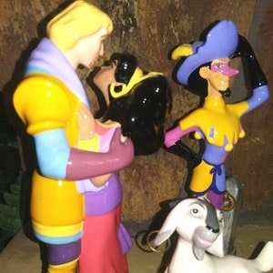 DISNEY HUNCHBACK Esmeralda with Phoebus, Clopin and Djali  Ceramic Porcelain Figurines, 1990s Vintage New, 6&quot; Tall, Mint