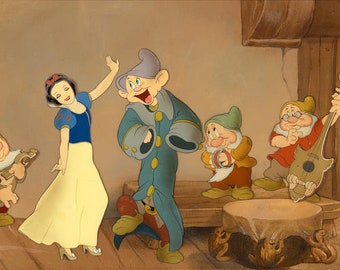 SNOW WHITE "Silly Dance", Key Matching Hand-Painted Production Cels on Disney Mini Pan Production Background, 1937, 22.x18" Framed, Pristine