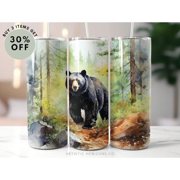 Black Bear Watercolor 20oz Skinny Tumbler Sublimation Design Straight Wrap Tumbler PNG Instant Download