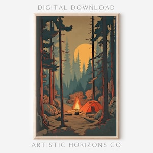 Campfire Forest Digital Download Nature Poster Retro Style Artwork