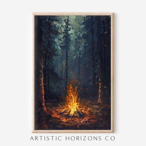 Campfire at Night Wall Art Nature Poster Print Oil Painting Style Artwork