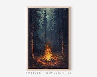 Campfire at Night Wall Art Nature Poster Print Oil Painting Style Artwork
