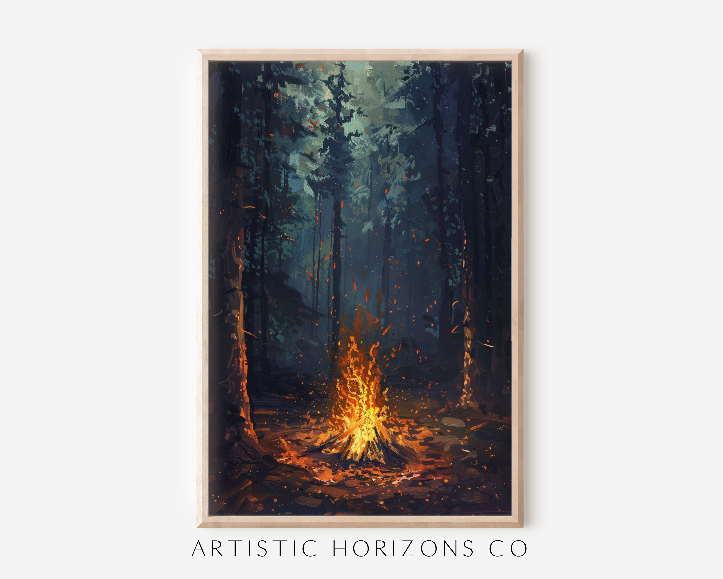 Campfire at Night Wall Art Nature Poster Print Oil Painting Style Artwork