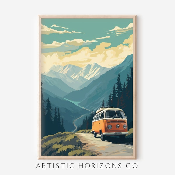 Retro Camper Van Landscape Wall Art Poster Print Vintage Artwork