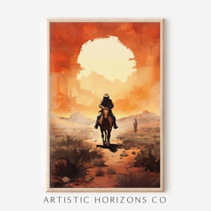 Desert Cowboy Wall Art Physical Poster Print Painting Rustic Style Artwork