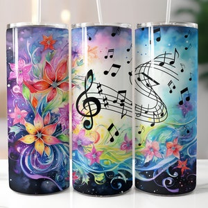Music Notes Flowers 20oz Skinny Tumbler Sublimation Design Straight Wrap Tumbler PNG Instant Download