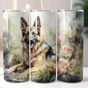 German Shepherd Watercolor 20oz Skinny Tumbler Sublimation Design Straight Wrap Tumbler PNG Instant Download