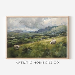 Sheep Grazing Irish Countryside Wall Art Poster Print Oil Painting Style Artwork