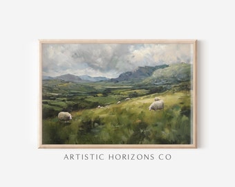 Sheep Grazing Irish Countryside Wall Art Poster Print Oil Painting Style Artwork