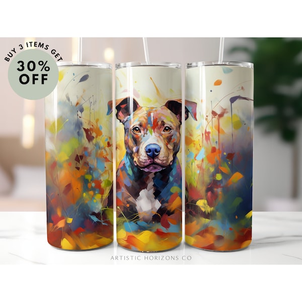 Pit Bull Colorful Oil 20oz Skinny Tumbler Sublimation Design Straight Wrap Tumbler PNG Instant Download