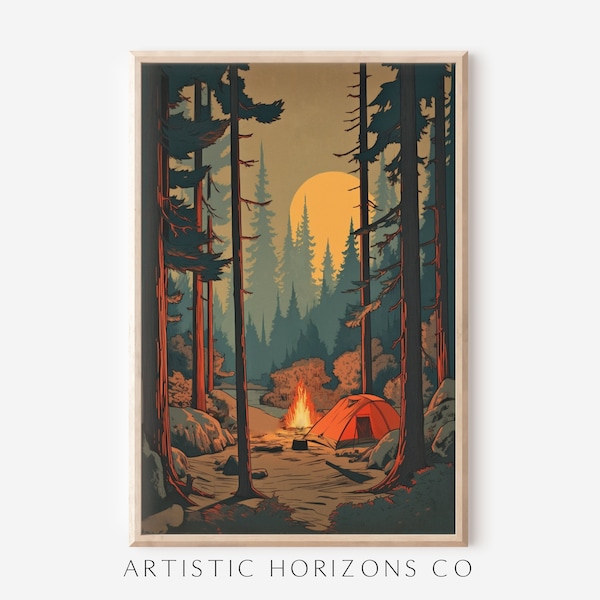 Vintage Campfire Forest Wall Art Nature Poster Print Retro Style Artwork