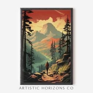 Rustic Vintage Style Hiking Poster Serene Hiker Gazing at River and Mountains at Sunset