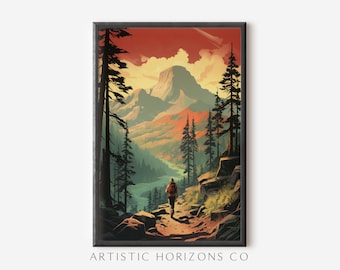Rustic Vintage Style Hiking Poster Serene Hiker Gazing at River and Mountains at Sunset