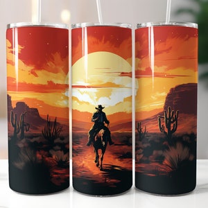 Western Cowboy Desert Sunset Watercolor Style 20oz Skinny Tumbler Sublimation Design Straight Wrap Tumbler PNG Instant Download
