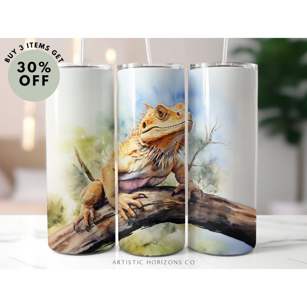 Bearded Dragon Watercolor 20oz Skinny Tumbler Sublimation Design Straight Wrap Tumbler PNG Instant Download