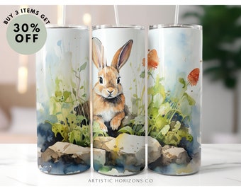 Watercolor Rabbit 20oz Skinny Tumbler Sublimation Design Straight Wrap Tumbler PNG Instant Download