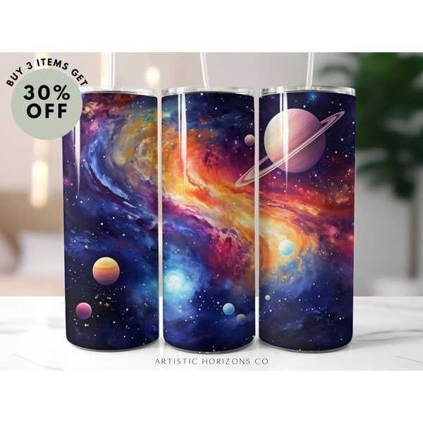 Watercolor Galaxy 20 oz Skinny Tumbler Sublimation Design Straight Wrap Tumbler PNG Instant Download