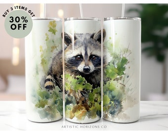 Raccoon Watercolor 20 oz Skinny Tumbler Sublimation Design Straight Wrap Tumbler PNG Instant Download