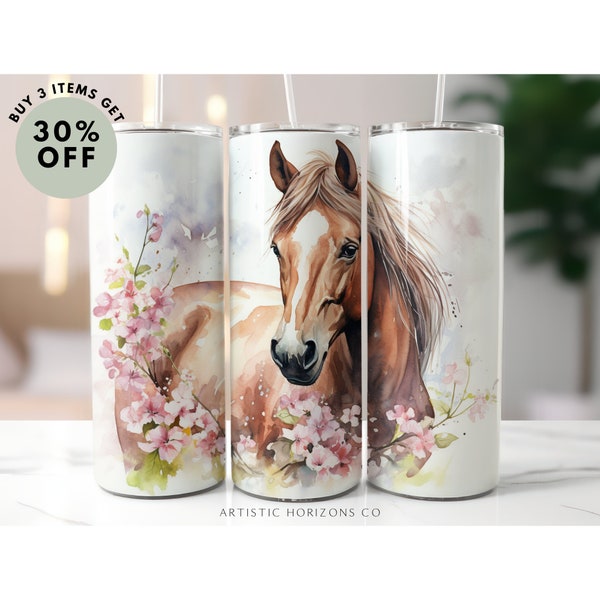 Horse Watercolor 20oz Skinny Tumbler Sublimation Design Straight Wrap Tumbler PNG Instant Download