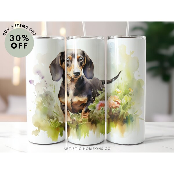 Dachshund Black and Tan Watercolor 20 oz Skinny Tumbler Sublimation Design Straight Wrap Tumbler PNG Instant Download