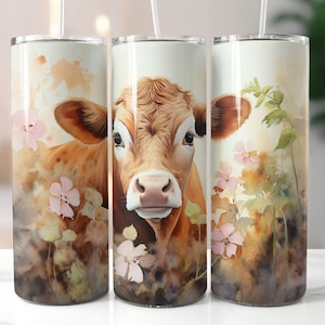 Cow Watercolor 20oz Skinny Tumbler Sublimation Design Straight Wrap Tumbler PNG Instant Download