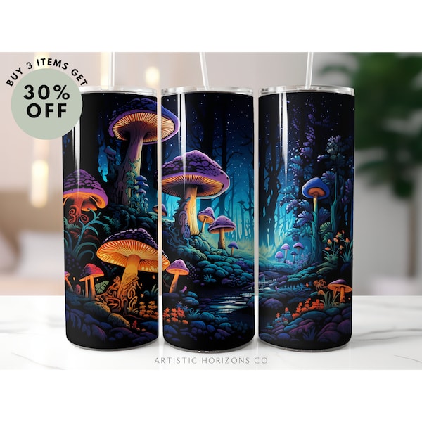 Mushroom Forestcore Blacklight Style 20oz Skinny Tumbler Sublimation Design Straight Wrap Tumbler PNG Instant Download