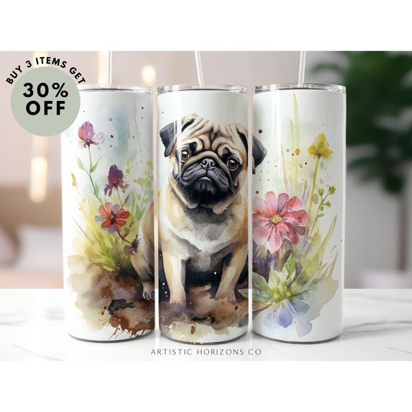 Pug Watercolor 20oz Skinny Tumbler Sublimation Design Straight Wrap Tumbler PNG Instant Download