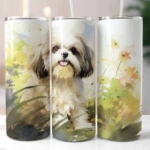 Shih Tzu Watercolor 20oz Skinny Tumbler Sublimation Design Straight Wrap Tumbler PNG Instant Download