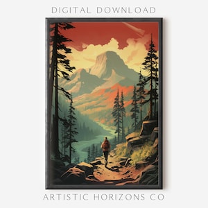 Rustic Vintage Style Hiking Digital Download Poster Serene Hiker Gazing at River and Mountains at Sunset