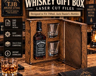Puede incluir: Una caja de regalo de madera para botellas de whisky Jack Daniel's de 750ml, con archivos de corte láser. La caja incluye una botella de Jack Daniel's Tennessee Whiskey y dos vasos transparentes, con texto que indica compatibilidad de 3mm y 5mm.