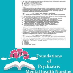 May include: An open book with a blue cover and white pages. The book is titled "Foundations of Psychiatric Mental Health Nursing". The book is surrounded by pink speech bubbles with a blue background.