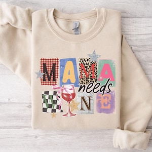 Mama braucht Wein T-Shirt, Patchwork Mom Shirts, Faux Glitter Stern Sweatshirt, Leopard Weinglas T-Shirt, Girls Night Geschenk Shirt