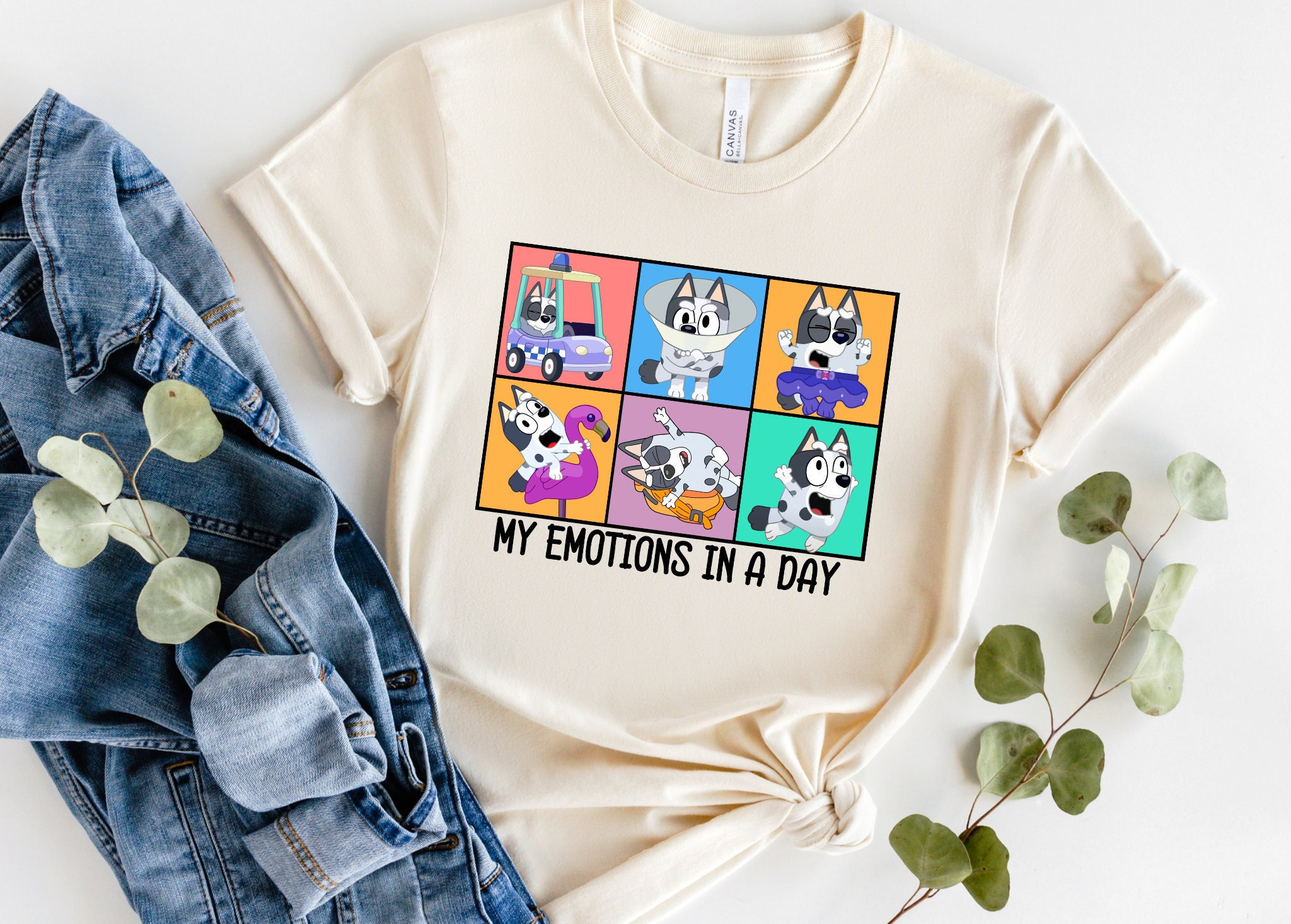 My Emotions In A Day Shirt: Cartoon Blue Dog Family Tee