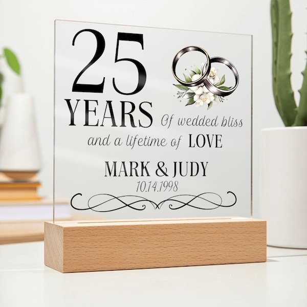 25 aniversario de boda regalo para pareja, 25 años de Wedded Bliss personalizado aniversario placa acrílica, regalo de aniversario de plata
