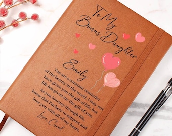 Bonus Daughter Personalized Leather Journal for Step Daughter, Gifts from Step Parents, Personalized Gifts for Girls, Hearts Journal