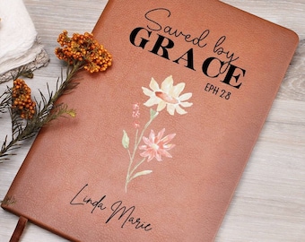 Saved By Grace Personalized Leather Prayer Journal for Women, Bible Verse Journal for Christian Gifts Sister in Christ Faith Gifts