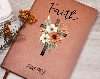 Faith Personalized Leather Journal, Floral Cross Christian Journal, Personalized Leather Prayer Journal, Devotional Journal for Women