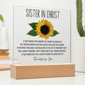 Sister in Christ Sunflower Friendship Gift, Christian Friend Thankful for You Gift Faith Friends Religious Gifts for Women Friendship Sign