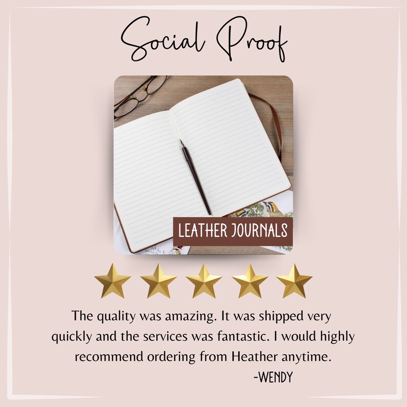 May include: Open leather journal with lined pages and a pen. The text "LEATHER JOURNALS" is displayed. Five gold stars are shown below the journal, with customer feedback about the product.