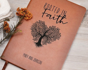 Personalized Leather Journal for Christian Women Rooted in Faith Custom Leather Notebook Prayer Journal for Women Faith Gifts Name Journal