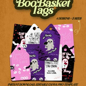 May include: A collection of Halloween-themed Boo Basket tags in various colors, including black, white, purple, and pink. Each tag features a unique design with ghosts, bats, and phrases like "Will Be My Boo" and "Just Treats".